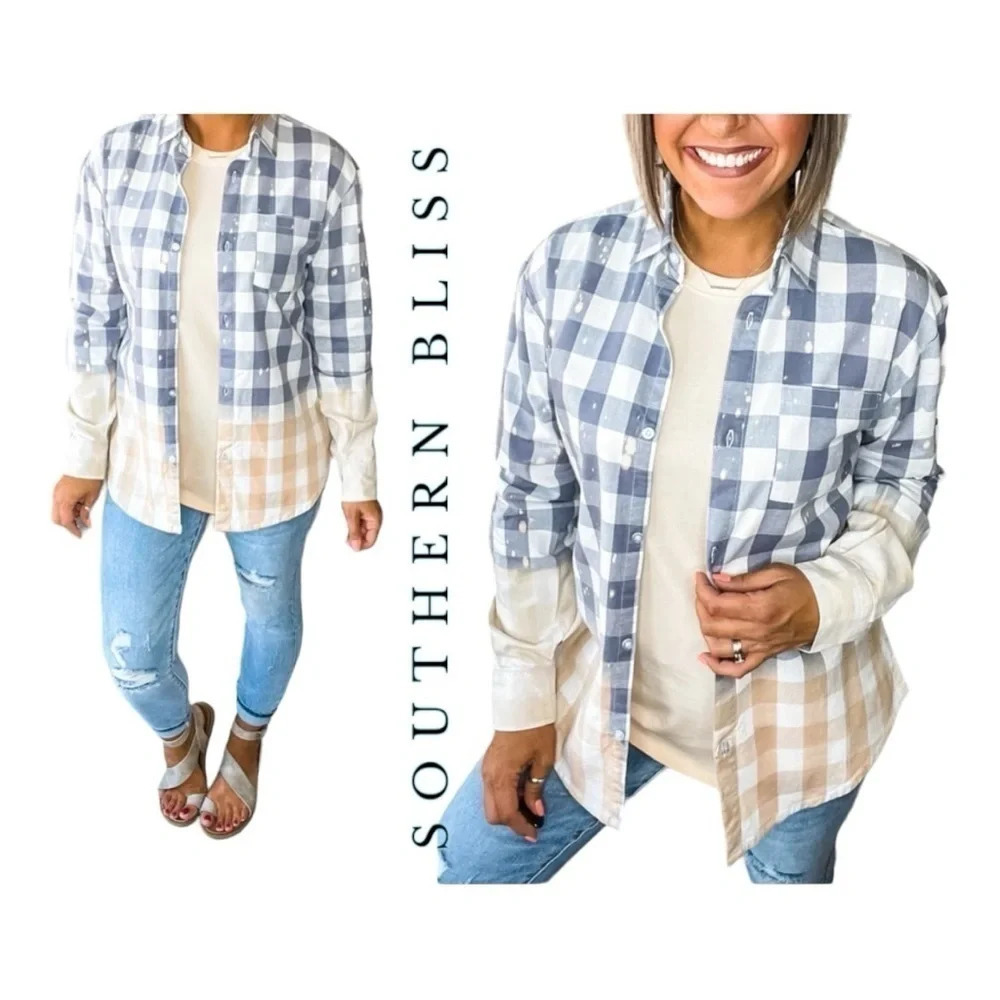 1555. SOUTHERN BLISS‎ FULL BUTTON UP BLEACHED DIPPED AND SPLATTERED PLAID PRINT